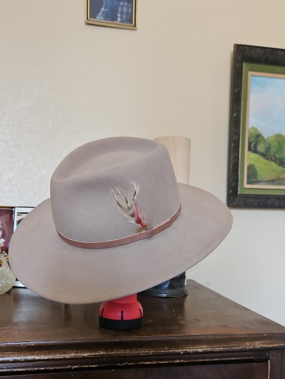 Men's Taupe Felt Fedora Hat with Leather Band and Feather Accent